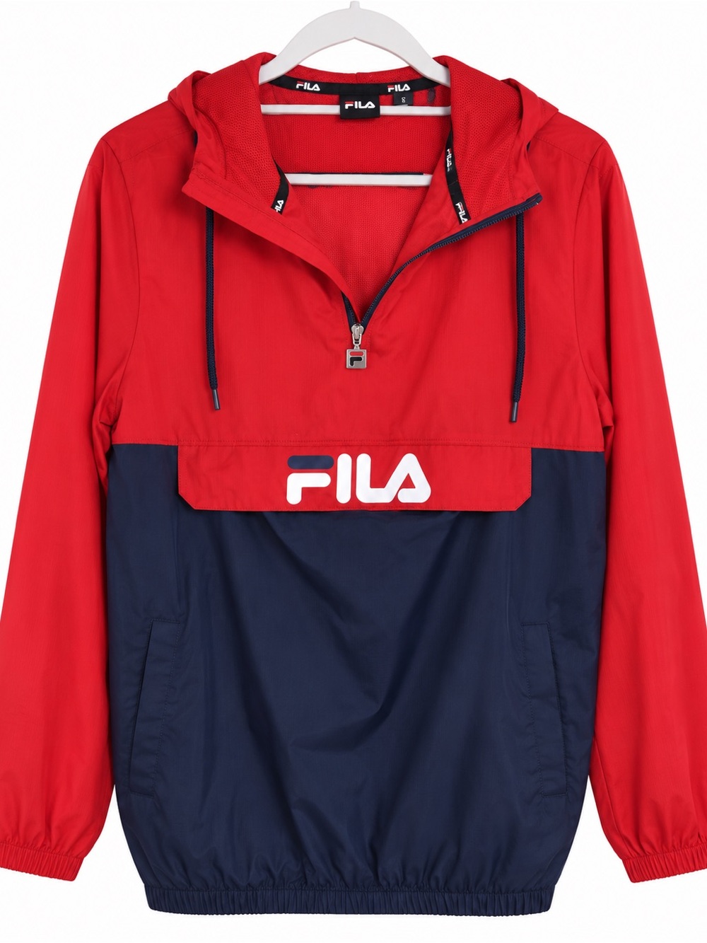 FILA Red Navy Colorblock Hooded Windbreaker Anorak Size Small